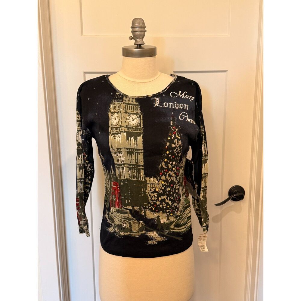 NOS Vtg London Y2K Christmas Graphic 3/4 Sleeve Top Sequins Beaded Navy Petite